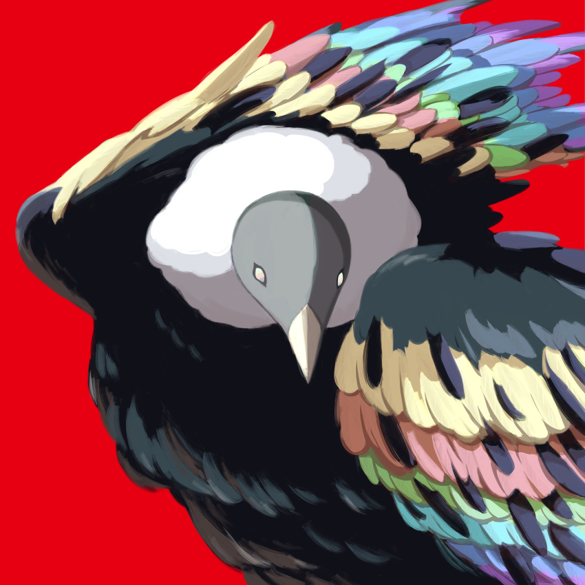 absurdres animal_focus avogado6 bird colorful highres looking_at_viewer multicolored multicolored_eyes multicolored_wings no_humans original red_background simple_background vulture wings