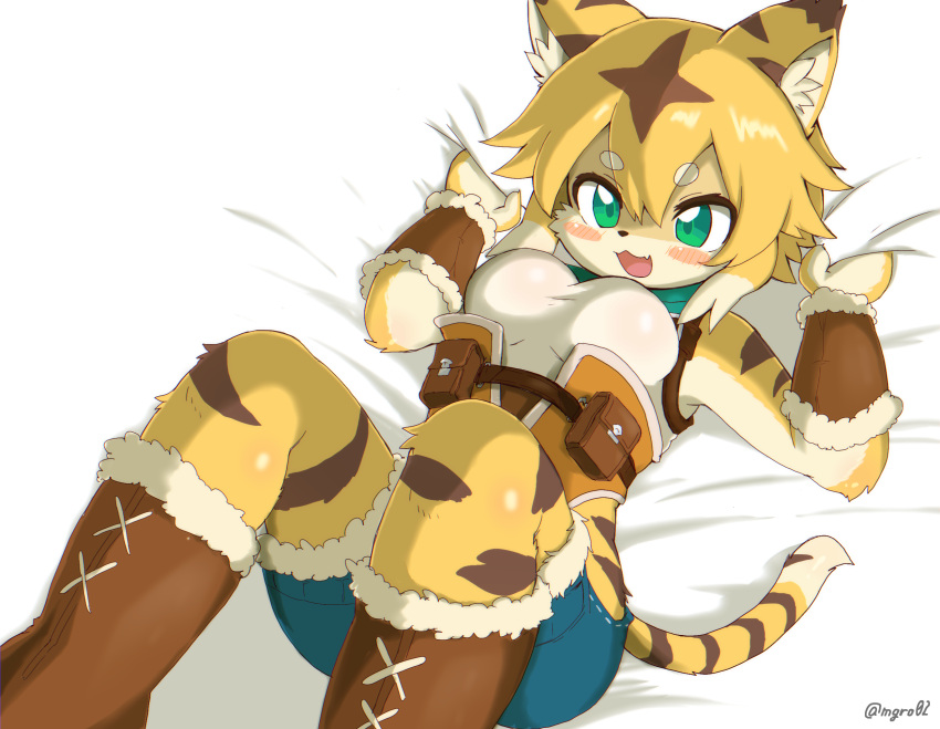 2020 anthro armor armwear bed blonde_hair blush boots bottomwear bracers breasts brown_body brown_fur brown_hair cheek_tuft claws clothed clothing cute_fangs eyebrow_through_hair eyebrows facial_tuft felid female finger_claws fingers footwear fur furniture green_eyes hair hi_res inner_ear_fluff kemono looking_at_viewer lying mammal mgro02 mia_(world_flipper) multicolored_body multicolored_ears multicolored_fur multicolored_hair multicolored_tail neckerchief on_back on_bed open_mouth pantherine satchel shirt short_hair shorts signature solo tank_top tiger tight_clothing tongue topwear translucent translucent_hair tuft white_body white_fur white_hair world_flipper yellow_body yellow_fur
