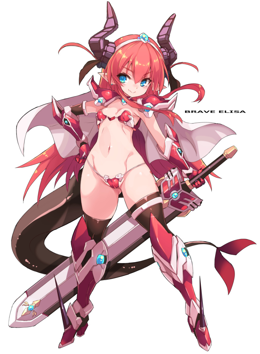 1girl black_legwear blue_eyes breasts elizabeth_bathory_(brave)_(fate) elizabeth_bathory_(fate)_(all) fate/grand_order fate_(series) full_body gauntlets highres holding holding_sword holding_weapon horns karukan_(monjya) long_hair navel pointy_ears red_hair simple_background small_breasts smile solo standing sword tail thighhighs weapon white_background