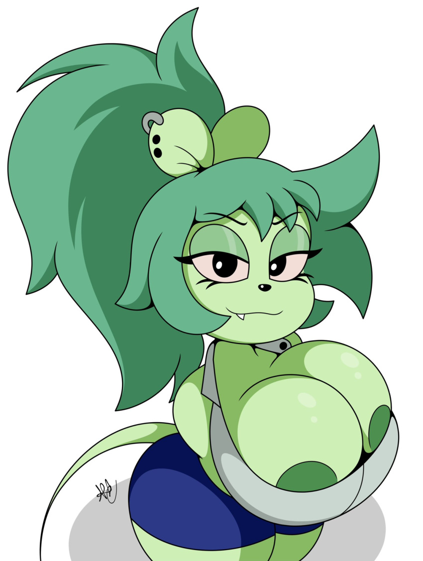 anthro areola big_breasts breasts butt cartoon_network clothed clothing digital_media_(artwork) ear_piercing female fink_(ok_k.o.!_lbh) fur green_body green_fur green_hair hair half-closed_eyes hi_res long_hair looking_at_viewer mammal mouse murid murine narrowed_eyes naughty_face nr_ac ok_k.o.!_let's_be_heroes piercing ponytail rodent shaded signature simple_background snaggle_tooth solo thick_thighs