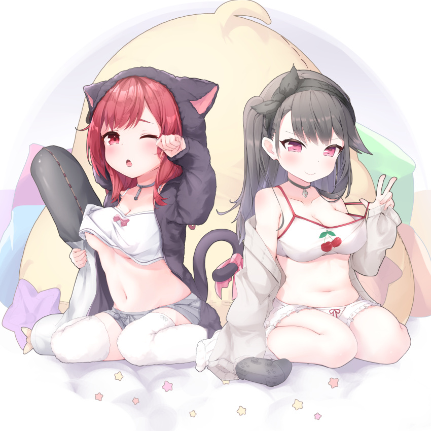 2girls ;o absurdres animal_ears animal_hood azur_lane bangs bare_shoulders bean_bag_chair beige_cardigan black_hair black_hairband black_jacket blush breasts camisole cardigan cat_ears cat_tail character_doll cherry_print choker cleavage closed_mouth collarbone commentary_request controller crop_top crop_top_overhang eyebrows_visible_through_hair food_print full_body game_controller grey_choker grey_shorts groin hair_between_eyes hairband highres holding holding_pillow hood hood_up i-19_(azur_lane) i-19_(pillowy_paradise)_(azur_lane) jacket large_breasts long_hair long_sleeves looking_at_viewer loungewear manjuu_(azur_lane) midriff multiple_girls navel off_shoulder official_alternate_costume one_eye_closed one_side_up open_cardigan open_clothes open_mouth pamiat_merkuria_(azur_lane) pamiat_merkuria_(sweet_cherry_memories)_(azur_lane) pillow pillow_hug purple_eyes red_eyes red_hair ribbon rubbing_eyes short_shorts shorts sidelocks simple_background sitting sleeves_past_wrists smile strap_pull tail tail_ornament tail_ribbon thighhighs torpedo underboob utsuki_(nissi) v wariza white_background white_bloomers white_camisole white_legwear