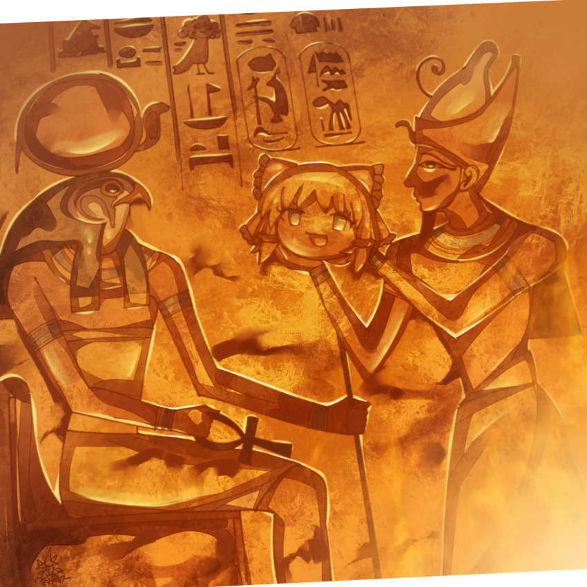 1girl 2boys :d amun ankh armlet bow commentary_request egypt egyptian egyptian_art egyptian_clothes egyptian_mythology from_side hair_bow hair_tubes hakurei_reimu hat hieroglyphics highres holding holding_head horus looking_at_viewer multiple_boys open_mouth severed_head sitting smile staff standing touhou umigarasu_(kitsune1963) yukkuri_shiteitte_ne