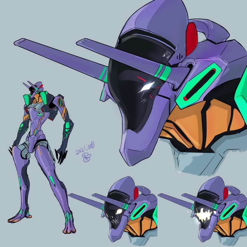 character_sheet dated eva_01 grey_background highres horns looking_ahead mecha moi_moi7 multiple_views neon_genesis_evangelion no_humans open_hands open_mouth redesign science_fiction white_eyes