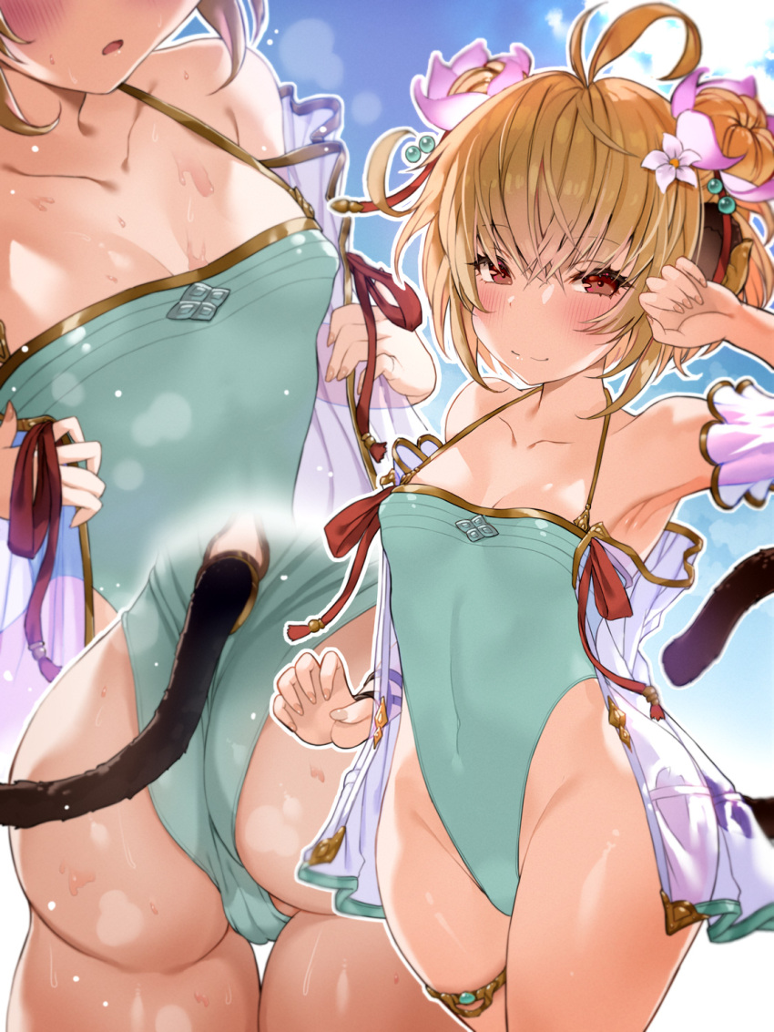 1girl andira_(granblue_fantasy) animal_ears ariso_kaoru armpits arms_up ass bare_shoulders blonde_hair blush breasts collarbone covered_navel erune granblue_fantasy hair_ornament highleg highleg_leotard highleg_swimsuit highres leotard looking_at_viewer medium_breasts monkey_ears monkey_girl monkey_tail nail_polish red_eyes short_hair smile swimsuit tail thigh_strap thighs