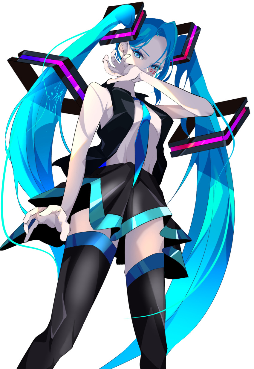 1girl alternate_costume bangs black_skirt black_vest blue_eyes blue_hair blue_neckwear commentary covered_mouth goma_irasuto hatsune_miku headphones highres long_hair looking_down necktie open_hands shirt_tucked_in skirt solo thighhighs twintails very_long_hair vest vocaloid white_background
