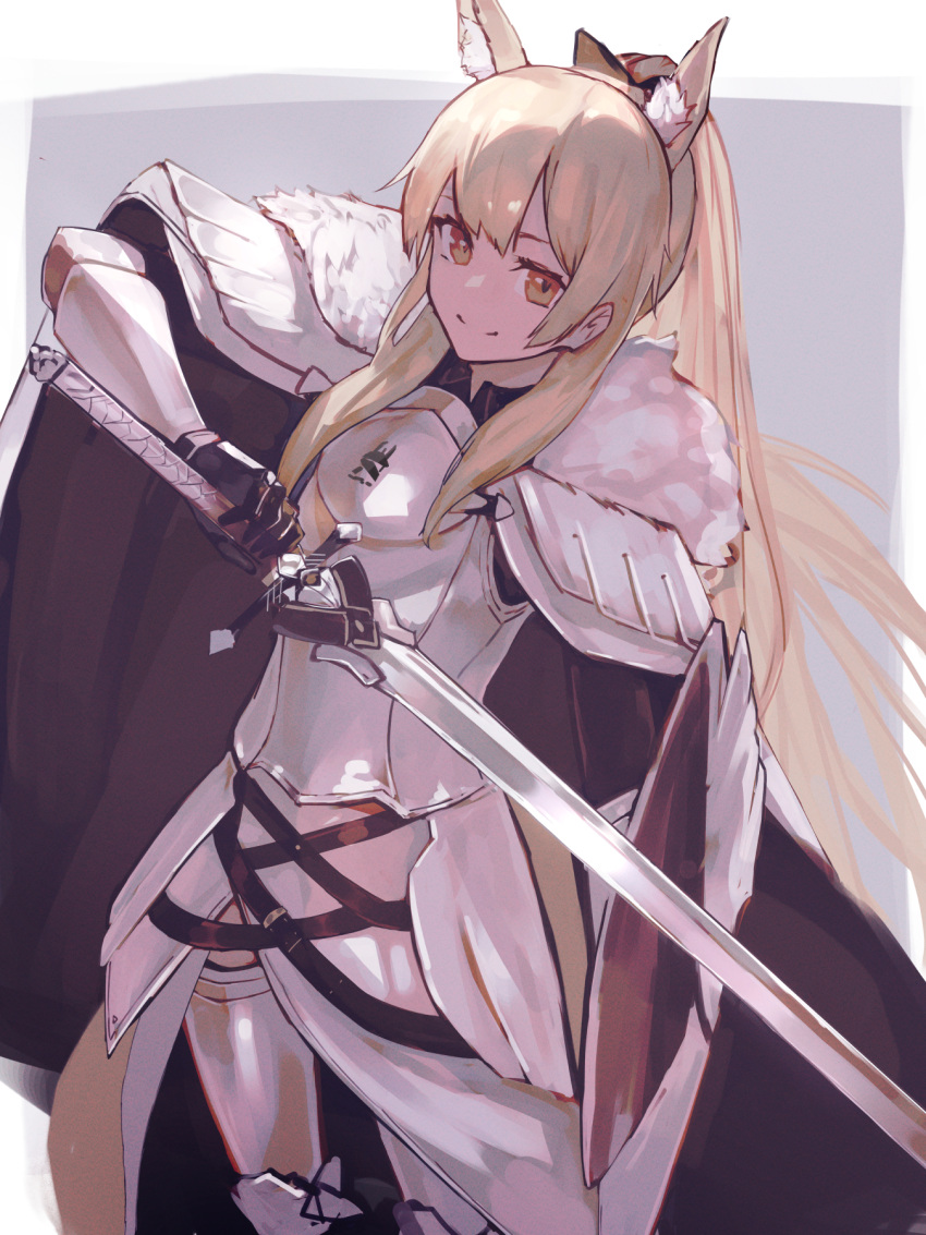 1girl aito animal_ear_fluff animal_ears arknights armor bangs black_gloves blemishine_(arknights) blonde_hair cape closed_mouth commentary cowboy_shot extra_ears eyebrows_visible_through_hair fur-trimmed_cape fur_trim gloves highres holding holding_sword holding_weapon horse_ears horse_girl kingdom_of_kazimierz_logo long_hair looking_at_viewer orange_eyes smile solo sword weapon white_cape