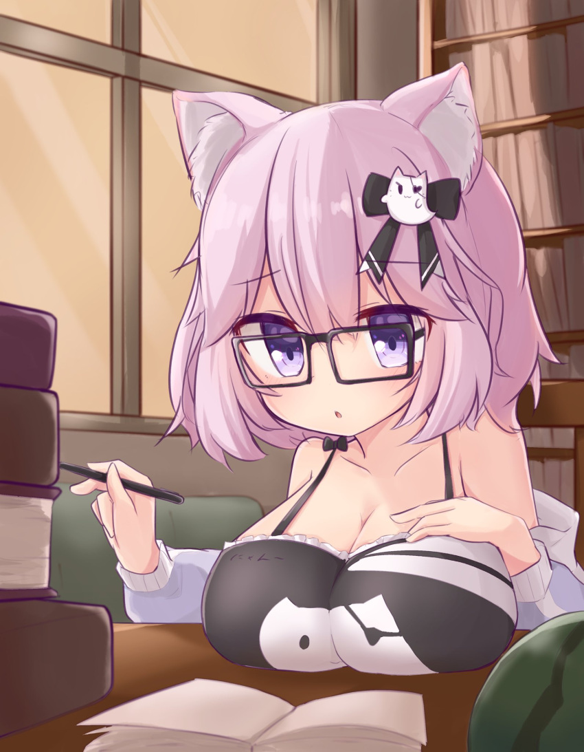1girl alternate_breast_size animal_ears bare_shoulders black_bow book book_stack bookshelf bow breast_rest breasts cat_ears cat_girl cat_hair_ornament chair cleavage collarbone eyebrows_visible_through_hair eyepatch ghost_tail glasses hair_between_eyes hair_bow hair_ornament hand_on_own_chest heart heart_eyepatch highres holding holding_pen hood hoodie kanami9731 large_breasts library light_rays medium_hair nyatasha_nyanners off_shoulder open_book open_mouth pen pink_hair purple_eyes sitting solo sunbeam sunlight virtual_youtuber vshojo window