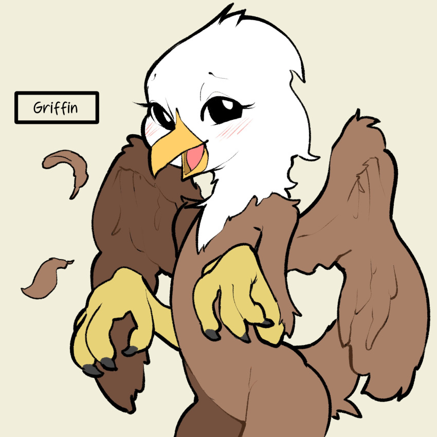 2021 anthro avian beak blush brown_body brown_feathers claws feathers female flat_chested gryphon half-length_portrait hi_res itsunknownanon looking_at_viewer mythological_avian mythology nude open_mouth portrait solo