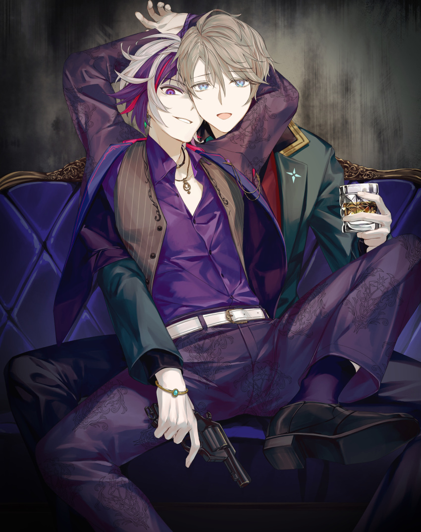 2boys :d absurdres arms_up bangs belt belt_buckle black_footwear black_jacket blue_eyes brown_hair brown_vest buckle collared_shirt commentary_request couch cup dress_shirt drink drinking_glass eyebrows_visible_through_hair fuwa_minato grey_hair gun hair_between_eyes highres holding holding_cup holding_gun holding_weapon jacket jh kaida_haru long_sleeves looking_at_viewer male_focus multicolored_hair multiple_boys nijisanji on_couch open_clothes open_jacket open_mouth pants parted_lips purple_eyes purple_hair purple_jacket purple_legwear purple_pants purple_shirt red_hair revolver shirt shoes sitting sitting_on_lap sitting_on_person smile socks streaked_hair striped striped_vest vertical-striped_vest vertical_stripes vest virtual_youtuber weapon white_belt