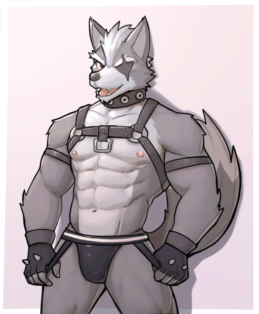 2021 abs anthro armband bulge canid canine canis clothing collar eye_patch eyewear fingerless_gloves gloves hair handwear harness hi_res jockstrap jrjresq looking_at_viewer male mammal muscular muscular_anthro muscular_male navel nintendo nipples open_mouth open_smile pecs simple_background smile solo standing star_fox underwear video_games white_background wolf wolf_o'donnell