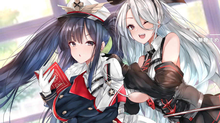 2girls anchor_symbol arm_under_breasts azur_lane background_text bare_shoulders black_coat black_gloves black_hair black_neckwear black_sleeves book breasts buttons cape close-up coat commentary_request crop_top detached_sleeves double-breasted fur-trimmed_cape fur-trimmed_coat fur_trim gloves hair_ribbon hat high-waist_skirt highres indoors kanji large_breasts long_hair looking_at_viewer medal microskirt military military_uniform mole mole_under_eye multiple_girls mutou_(94753939) necktie one_eye_closed open_mouth peaked_cap peter_strasser_(azur_lane) pleated_skirt prinz_heinrich_(azur_lane) reading red_eyes ribbon skirt translation_request twintails two-tone_coat underboob uniform very_long_hair white_coat white_gloves white_hair white_headwear
