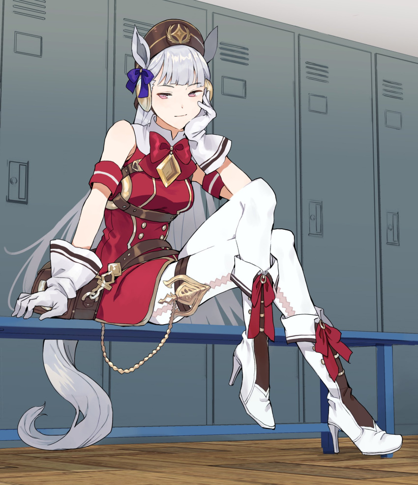 1girl animal_ears armband bag belt bench black_headwear blue_ribbon boots bow bowtie breasts brown_belt buttons closed_mouth commentary crossed_legs double-breasted dress full_body gloves gold_ship_(umamusume) hair_ribbon hand_on_own_cheek hand_on_own_face hat high_heel_boots high_heels highres horse_ears horse_tail kurodeko light_smile locker locker_room long_hair looking_at_viewer looking_to_the_side medium_breasts pants pantyhose purple_eyes red_bow red_dress red_neckwear ribbon satchel silver_hair sitting solo strap tail tight tight_pants umamusume white_footwear white_gloves white_pants wooden_floor