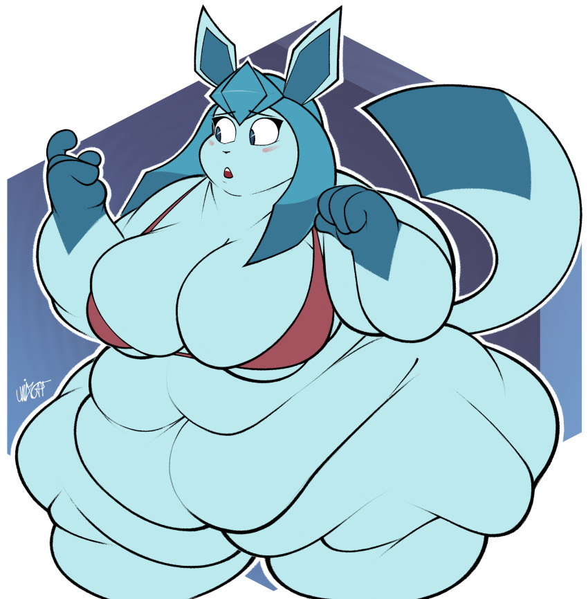 2021 anthro big_breasts blue_body blue_eyes blue_hair blue_skin blush breasts clothed clothing eeveelution embarrassed female glaceon hair hi_res huge_breasts morbidly_obese morbidly_obese_anthro morbidly_obese_female nintendo obese obese_anthro obese_female overweight overweight_anthro overweight_female pok&eacute;mon pok&eacute;mon_(species) pok&eacute;morph simple_background solo standing tight_clothing underwear unixcat video_games