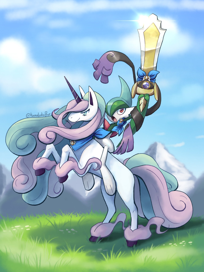 aegislash ambiguous_gender artist_name bandanna bandanna_only biped blue_eyes blue_hair cloud equid feral fingers galarian_rapidash gallade grass group hair half-closed_eyes hi_res holding_object holding_weapon hooves horn kamabokobun kerchief kerchief_only mammal melee_weapon mostly_nude mountain narrowed_eyes nintendo open_mouth outside pink_hair plant pok&eacute;mon pok&eacute;mon_(species) quadruped red_eyes regional_form_(pok&eacute;mon) simple_background sky sword tongue video_games weapon white_body white_skin