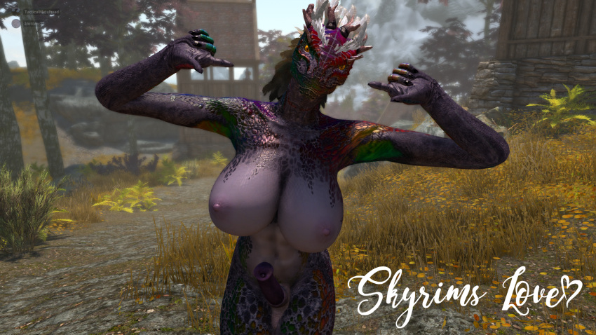 16:9 animal_genitalia animal_penis anthro anus argonian asarah_(skyrimslove) balls bethesda_softworks bodily_fluids breasts butt cum equine_penis erection genital_fluids genitals gynomorph hair herm_(lore) hi_res intersex looking_at_viewer mammal nipples nude penis pussy reptile scales scalie screencap skyrim skyrimslove smile solo the_elder_scrolls video_games widescreen