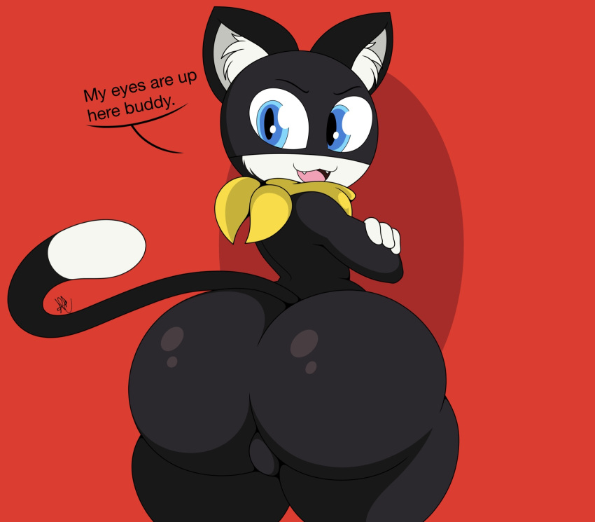 anthro atlus balls bandanna big_butt black_body black_fur blue_eyes bulge butt clothed clothing digital_media_(artwork) domestic_cat felid feline felis fluffy_ears fur genitals girly hi_res huge_butt kerchief looking_at_viewer looking_back male mammal megami_tensei megami_tensei_persona morgana_(persona) multicolored_body multicolored_fur nr_ac shaded shadow signature simple_background smile solo text thick_thighs tight_clothing tight_fit two_tone_body two_tone_fur video_games wide_hips
