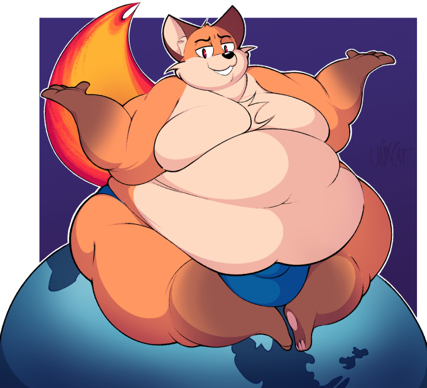 2020 anthro bulge canid canine cheek_tuft chest_tuft chubby_cheeks clothed clothing countershading dipstick_limbs earth facial_tuft fire firefox flaming_tail fox fur hi_res looking_at_viewer macro male mammal moobs morbidly_obese morbidly_obese_anthro morbidly_obese_male obese obese_anthro obese_male orange_body orange_fur overweight overweight_anthro overweight_male purple_background red_eyes shrug simple_background sitting smile solo tuft underwear underwear_only unixcat white_body white_countershading