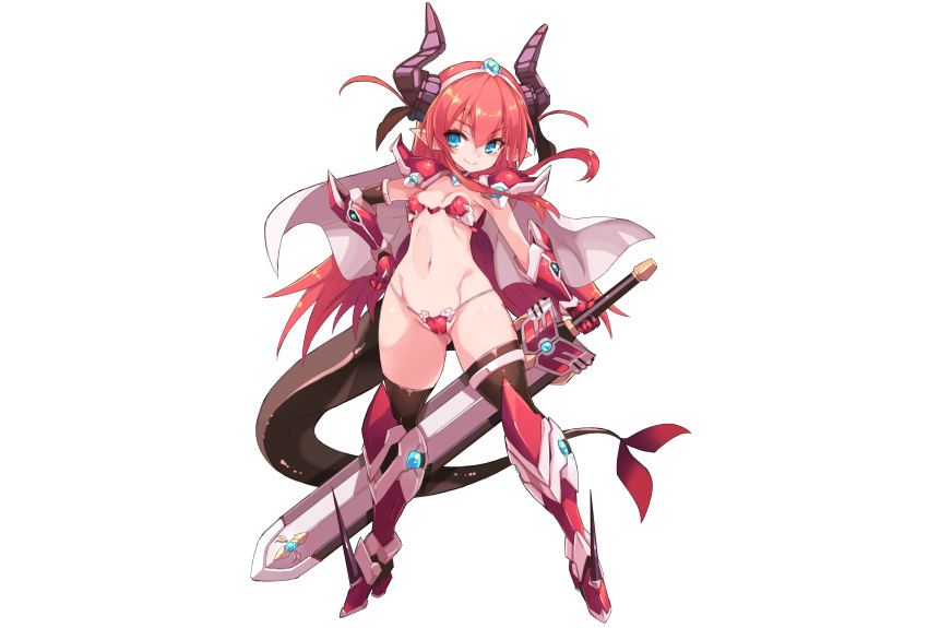 aliasing aqua_eyes armor bikini boots cameltoe elbow_gloves elizabeth_bathory_(fate) fang fate/grand_order fate_(series) gloves headband horns karukan_(monjya) long_hair pointed_ears red_hair swimsuit sword tail thighhighs third-party_edit weapon white