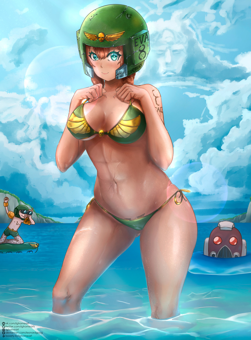 1girl 2boys abs absurdres bikini blue_eyes braid breasts brown_hair cloud day emperor_of_mankind english_commentary face_cloud green_bikini hair_between_eyes helmet highres huge_filesize lens_flare leonard_goog looking_at_viewer medium_breasts mole mole_on_breast multiple_boys navel ocean pubic_tattoo scar short_braid short_hair shoulder_tattoo side-tie_bikini skull smile solo_focus space_marines spaghetti_strap strap_gap strap_pull swimsuit tan tattoo thick_thighs thighs toned twin_braids underboob wading warhammer_40k watermark web_address wet when_you_see_it wide_hips