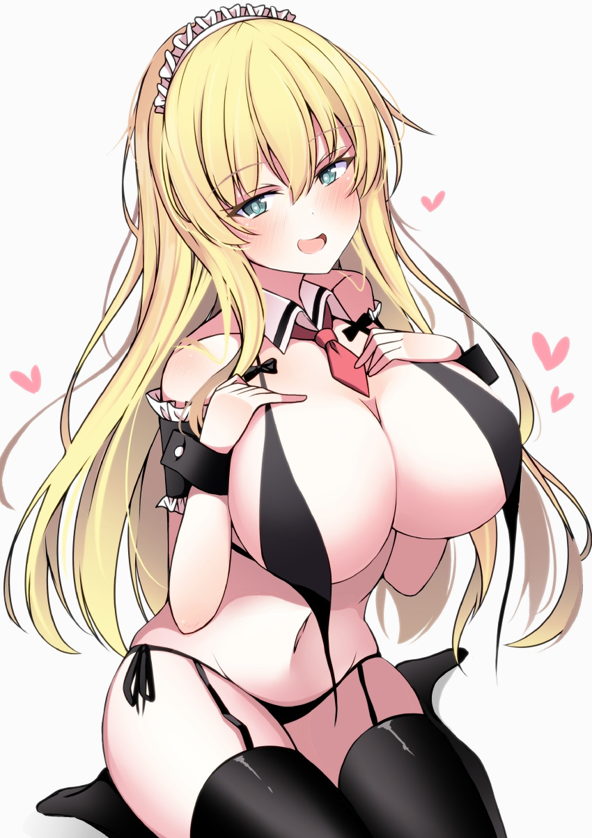 1girl absurdres bikini black_bikini black_legwear blonde_hair blush breasts cleavage coat commentary detached_collar eyebrows_visible_through_hair frilled_armband garter_straps green_eyes half-closed_eyes hands_on_own_chest heart highres huge_breasts long_hair looking_at_viewer maid_bikini maid_headdress md5_mismatch navel necktie oohoshi_awai open_mouth red_neckwear saki seiza side-tie_bikini simple_background sitting skindentation smile solo swimsuit thighhighs trista_(makkoivenus) untied untied_bikini white_background white_coat wing_collar wrist_cuffs