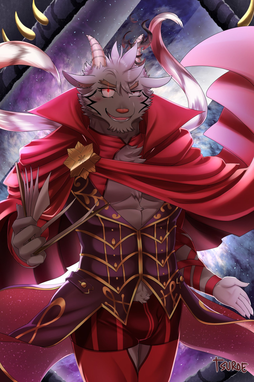 anthro black_body black_fur bovid bulge cape caprine chuurow clothed clothing demon fur glowing glowing_eyes goat hi_res horn male mammal mephistopheles_(tas) muscular muscular_anthro muscular_male red_clothing red_eyes skimpy solo tokyo_afterschool_summoners video_games