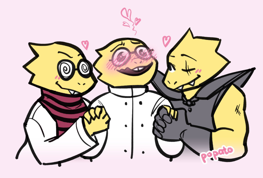 &lt;3 alphys alphys_(underfell) alphys_(underswap) anthro armor big_pupils blush breastplate buckteeth clothed clothing coat english_text eyewear female female/female flustered front_view gauntlets glasses gloves half-length_portrait hand_holding handwear hi_res lab_coat lizard looking_at_another looking_at_partner looking_up muscular muscular_female one_eye_closed open_mouth open_smile popat0 portrait pupils reptile romantic_ambiance romantic_polycule scales scalie scar selfcest sharp_teeth shoulder_guards signature simple_background smile spiral_glasses square_crossover sweater teeth text three-quarter_view topwear trio turtleneck_sweater undertale video_games wavy_mouth wide_eyed yellow_body yellow_scales