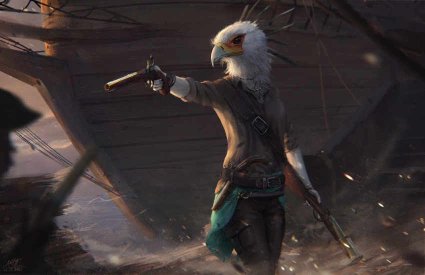 2021 5_fingers absurd_res accipitriform anthro avian beak bird breasts day detailed_background digital_media_(artwork) female fingers gun hi_res holding_gun holding_object holding_weapon kalfy non-mammal_breasts outside ranged_weapon secretary_bird solo weapon