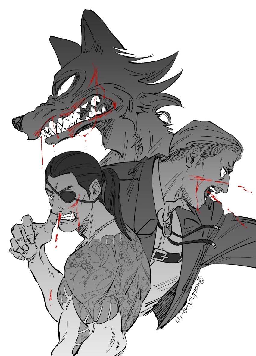 2021 absurd_res anthro attack_on_titan beastars blood bodily_fluids canid canine canis clothed clothing erwin_smith eye_patch eyewear goro_majima greyscale hair hi_res human jewelry legoshi_(beastars) male mammal monochrome muscular muscular_human muscular_male necklace open_mouth ponytail sharp_teeth simple_background snarling tattoo teeth text topless topless_male trio url video_games white_background wolf yakuza_(series) yuzuki_fang111