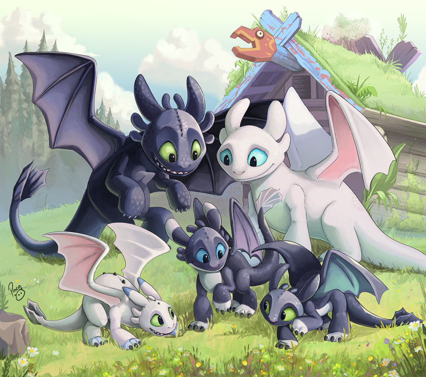 2021 3_toes 4_toes barefoot black_body black_claws blue_sclera blue_sky cabin claws cloud dart_(httyd) daww day detailed_background digital_media_(artwork) dipstick_ears dragon dreamworks eye_contact feet female feral flower forest grass green_sclera group how_to_train_your_dragon leg_markings looking_at_another looking_down male markings membrane_(anatomy) membranous_wings multicolored_ears nubless nude on_hind_legs outside pandapaco plant playing pouncer_(httyd) quadruped rock ruffrunner_(httyd) signature sky smile socks_(marking) spots_(marking) spread_wings standing tall_grass teeth teeth_showing toe_claws toes toothless tree white_body window wings