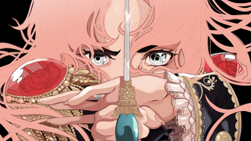 1girl black_background floating_hair flower grey_eyes highres holding holding_sword holding_weapon jewelry looking_at_viewer pimientosdulces pink_hair portrait red_flower red_rose ring rose shadow shoujo_kakumei_utena solo sword tenjou_utena twitter_username weapon