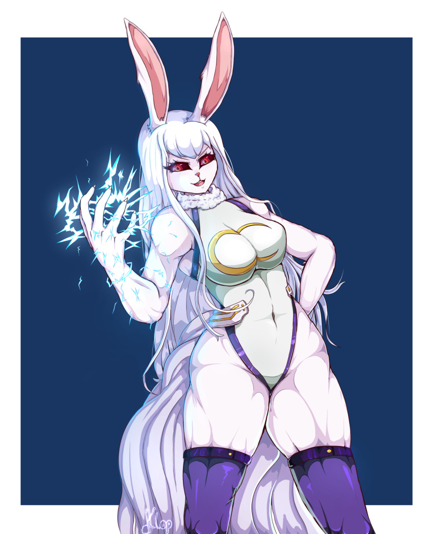 absurd_res anthro carrot_(one_piece) clothing electricity female fur hair hi_res klopsiak lagomorph leotard leporid mammal minkmen_(one_piece) miruko my_hero_academia neck_tuft one_piece rabbit red_eyes simple_background solo sulong_carrot thick_thighs tuft white_body white_fur white_hair