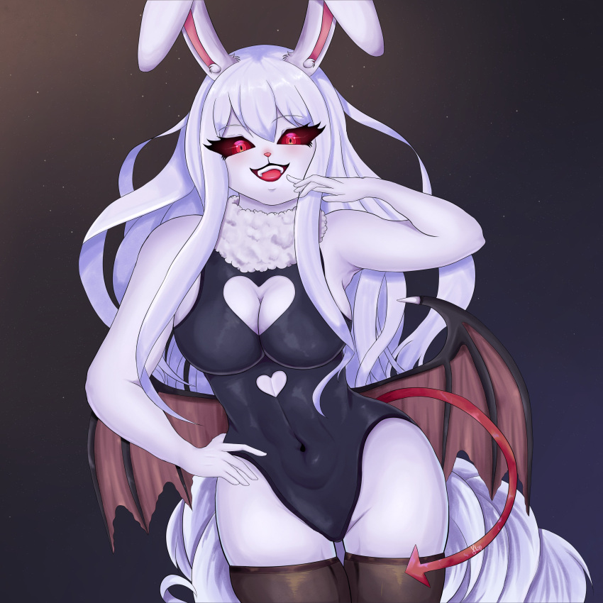 absurd_res anthro carrot_(one_piece) clothing demon_wings female fur hair hi_res klopsiak lagomorph leotard leporid mammal minkmen_(one_piece) neck_tuft one_piece rabbit red_eyes solo spade_tail succubus_costume sulong_carrot tuft white_body white_fur white_hair