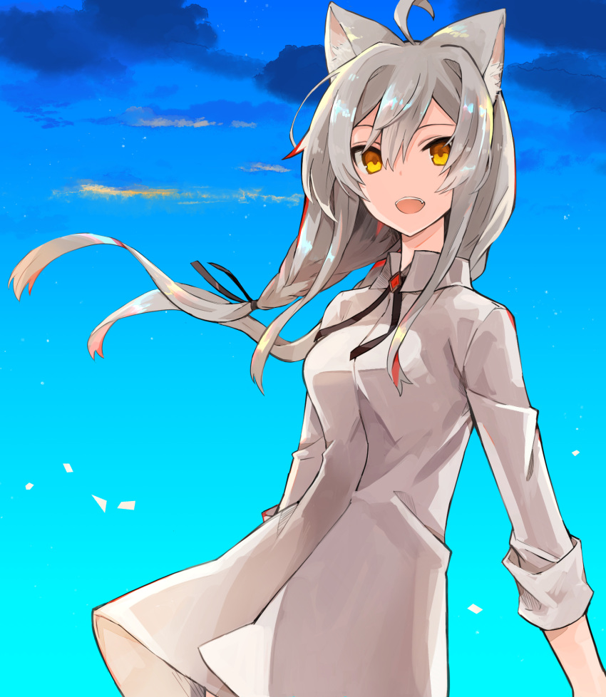 :d ahoge animal_ears blue_sky cat_ears day grey_hair highres long_sleeves looking_at_viewer multicolored_hair nemo_(pixiv_fantasia_age_of_starlight) open_mouth outdoors pixiv_fantasia pixiv_fantasia_age_of_starlight sky smile standing streaked_hair tori_(10ri) wind yellow_eyes