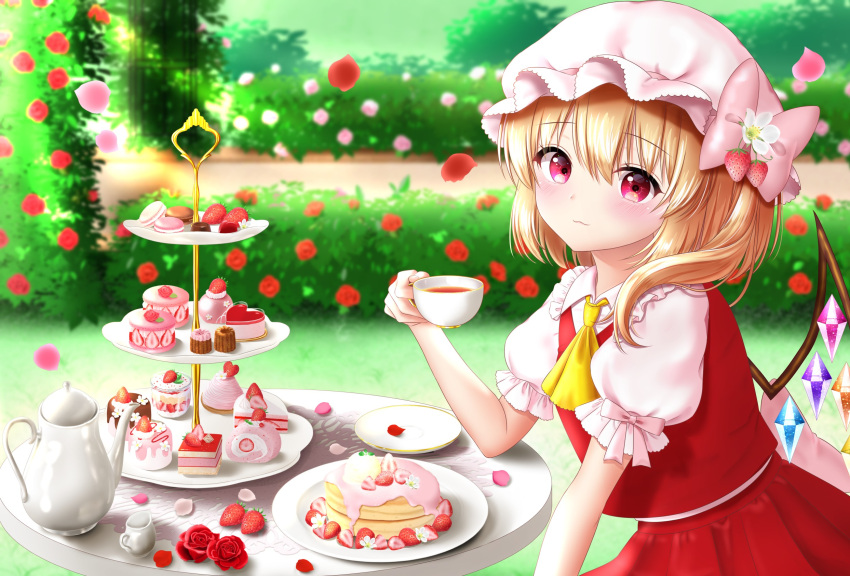 1girl blonde_hair blurry blurry_background cake cake_slice cherry_blossoms commentary_request cravat creamer_(vessel) cup cupcake day elbows_on_table expressionless eyebrows_visible_through_hair flandre_scarlet flower food food_themed_hair_ornament hair_between_eyes hair_flower hair_ornament hat hat_ribbon hedge_(plant) highres holding holding_cup light_blush looking_at_viewer macaron mixed-language_commentary mob_cap nyanyanoruru one_side_up outdoors pancake pink_headwear puffy_short_sleeves puffy_sleeves red_eyes red_flower red_rose red_skirt red_vest redrawn ribbon rose saucer shirt short_hair short_sleeves sitting skirt solo strawberry_hair_ornament table tea_set teacup teapot tiered_tray touhou vest walkway white_shirt wings yellow_neckwear