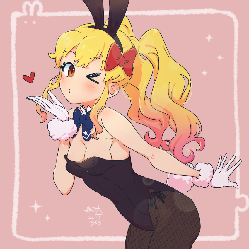 &gt;_o 1girl aikatsu!_(series) aikatsu_stars! animal_ears artist_name bare_shoulders black_hairband black_leotard blonde_hair blown_kiss blue_bow blue_neckwear blush bow bowtie breasts brown_eyes bunny_ears bunny_tail cleavage commentary covered_navel cowboy_shot dated detached_collar eyebrows_visible_through_hair fake_animal_ears fake_tail fishnet_legwear fishnets framed from_side fur_trim gloves gradient_hair hair_bow hairband heart highres leaning_forward leotard long_hair looking_at_viewer medium_breasts multicolored_hair nijino_yume one_eye_closed pantyhose pink_background pink_hair playboy_bunny puckered_lips red_bow side-tie_leotard signature simple_background solo star_(symbol) star_print strapless strapless_leotard susinoyama tail twintails wavy_hair white_gloves wrist_cuffs