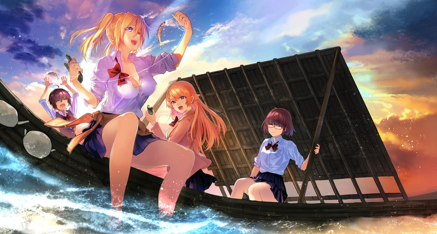 4girls ahoge amatani_mutsu blazer blonde_hair blue_eyes blue_skirt boat bow bowtie breasts brown_hair cleavage closed_eyes clothes_around_waist fish fishing_line glasses jacket kujou_shion long_hair miniskirt multiple_girls ocean official_art onishima_homare open_mouth outdoors partially_submerged pleated_skirt raft red-framed_eyewear red_neckwear sagara_riri school_uniform shirt short_hair sitting skirt sky sleeves_rolled_up smile sounan_desuka? suzumori_asuka twintails undone_bowtie water watercraft white_shirt