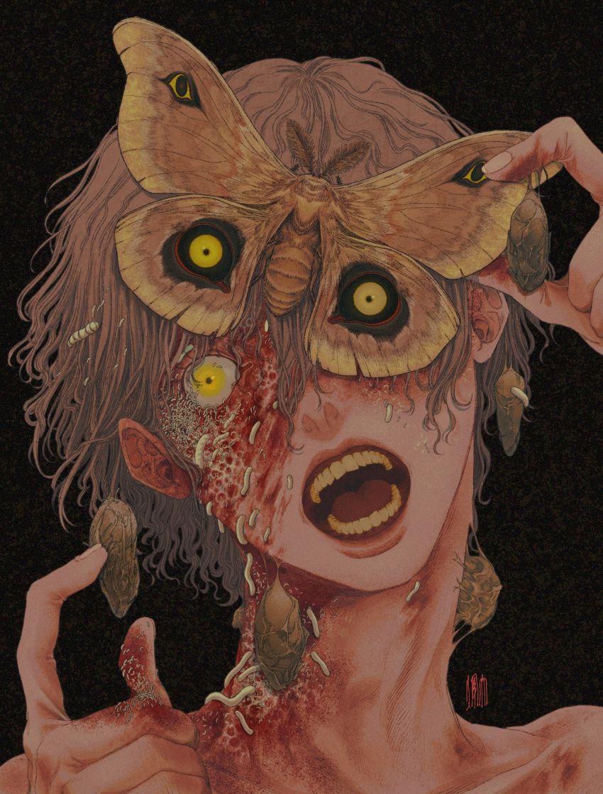 1boy black_background blood brown_hair bug butterfly cocoon creature_inside dahui_wang guro hands_up highres hole_on_body horror_(theme) insect looking_at_viewer maggot open_mouth original pain portrait short_hair simple_background solo trypophobia yellow_eyes