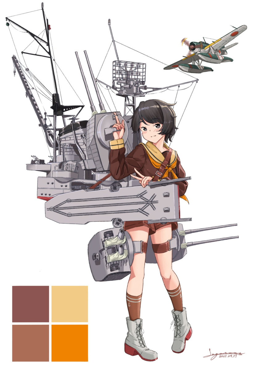1girl aircraft aircraft_request airplane black_eyes black_hair boots brown_legwear brown_sailor_collar brown_shirt brown_shorts color_guide cross-laced_footwear flight_deck full_body highres kantai_collection kneehighs lace-up_boots looking_at_viewer machinery mast mogami_(kancolle) neckerchief orange_neckwear remodel_(kantai_collection) sagoromo_04 sailor_collar shirt short_hair shorts simple_background smokestack solo standing white_background