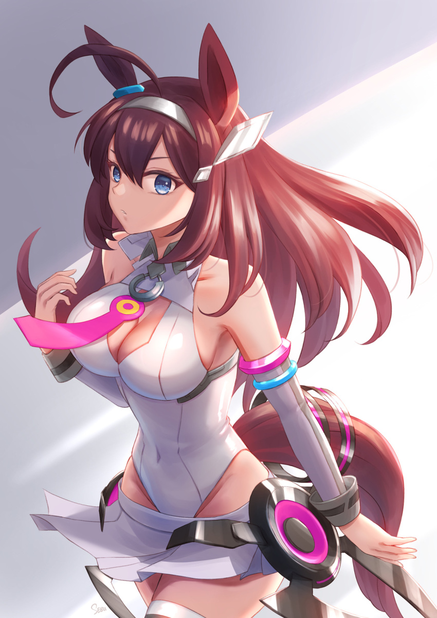 1girl ahoge animal_ears blue_eyes breasts brown_hair cleavage covered_navel hair_between_eyes highleg highleg_leotard highres horse_ears horse_girl horse_tail large_breasts leotard long_hair looking_at_viewer lowleg lowleg_skirt mihono_bourbon_(umamusume) miniskirt necktie revision sebu_illust skirt solo tail thighhighs thighs umamusume zettai_ryouiki