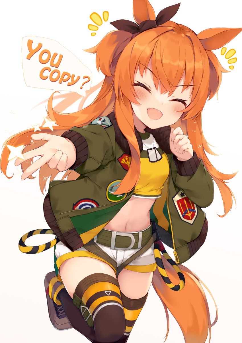 1girl :d ^_^ animal_ears belt black_legwear boots breasts closed_eyes crop_top dog_tags fang fur_trim green_jacket hair_ribbon highres horse_ears horse_girl horse_tail jacket leg_up long_sleeves mayano_top_gun_(umamusume) midriff navel nibiiro_shizuka open_clothes open_jacket open_mouth outstretched_arm ribbon shirt short_shorts shorts simple_background small_breasts smile solo speech_bubble standing standing_on_one_leg stomach tail thighhighs thighs two_side_up umamusume v v-shaped_eyebrows white_background white_shorts yellow_shirt
