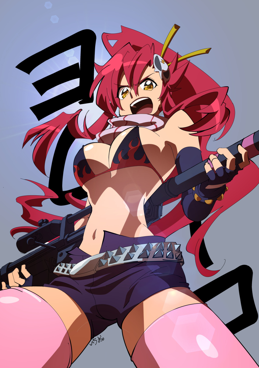 absurdres anti-materiel_rifle belt bikini bikini_top flame_print gun hair_ornament highres ichi_orgin navel pink_legwear ponytail red_hair rifle scarf short_shorts shorts skull_hair_ornament sniper_rifle studded_belt swimsuit tengen_toppa_gurren_lagann thighhighs weapon yellow_eyes yoko_littner