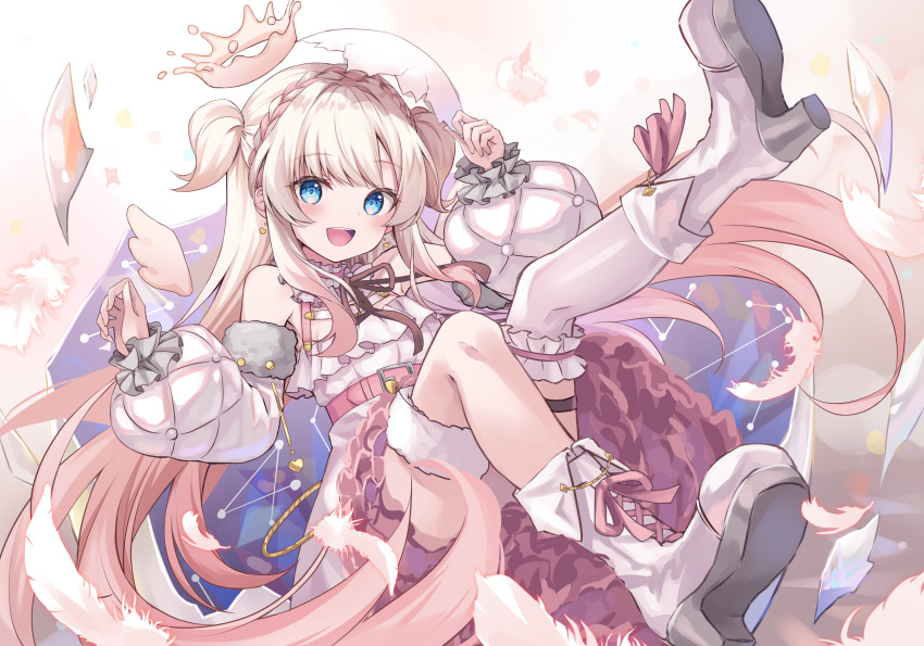 amamori_naco blanche_fleur blue_eyes blush braids feathers kure~pu long_hair thighhighs wings