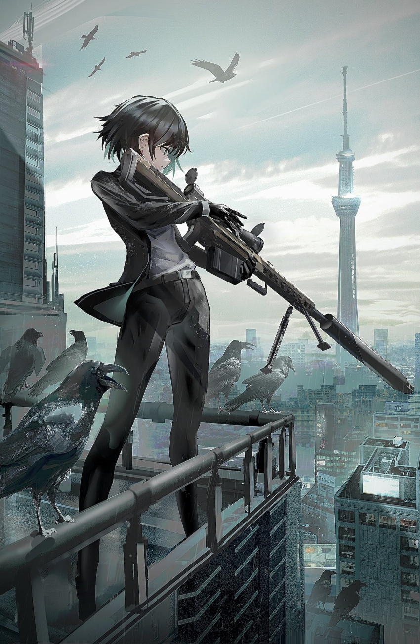 1girl balcony bangs belt bird black_gloves black_hair black_pants building business_suit city formal from_side gloves gun highres original pants rifle shirt short_hair sniper_rifle solo suit swav tokyo_(city) tokyo_tower weapon