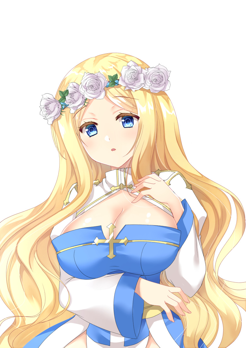 1girl absurdres archbishop_(ragnarok_online) arm_under_breasts bangs blonde_hair blue_eyes blush breasts cleavage commentary_request eyebrows_visible_through_hair flower head_wreath highres large_breasts long_hair looking_at_viewer masaya_ichika open_mouth ragnarok_online sash shiny shiny_hair shiny_skin shrug_(clothing) simple_background solo upper_body wavy_hair white_background white_flower yellow_sash