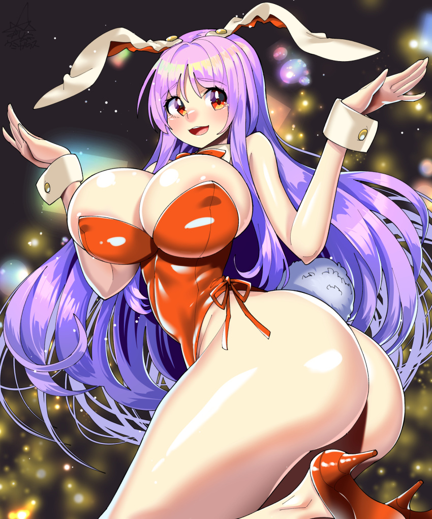 1girl :d animal_ears areola_slip areolae ass bangs bare_legs blurry blurry_background breasts bunny_ears bunny_tail detached_collar eyebrows_visible_through_hair high_heels highres huge_breasts leg_up light_particles long_hair open_mouth playboy_bunny purple_hair red_eyes red_footwear reisen_udongein_inaba smile solo tail touhou umigarasu_(kitsune1963) wrist_cuffs