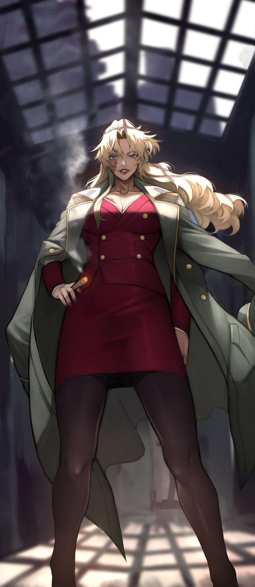 1girl absurdres balalaika_(black_lagoon) black_lagoon blonde_hair blue_eyes breasts cigar cleavage formal grin hand_on_hip highres large_breasts long_hair looking_at_viewer looking_down mole mole_under_eye pantyhose scar smile solo standing suit sunlight very_long_hair yoshio_(55level)