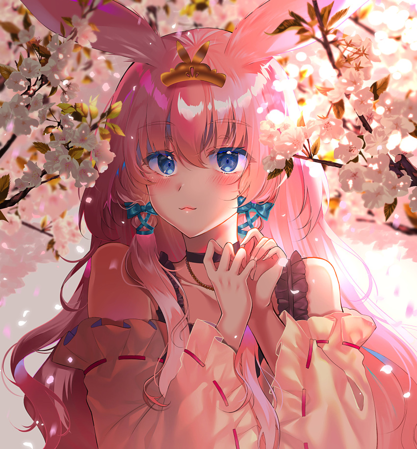 1girl animal_ears bangs bare_shoulders blue_bow blue_eyes blurry blurry_background blush bow bunny_ears closed_mouth collarbone depth_of_field detached_sleeves eyebrows_visible_through_hair flower hair_between_eyes hair_bow headpiece highres long_hair long_sleeves looking_at_viewer monaka_natsume original petals pink_hair ribbon-trimmed_sleeves ribbon_trim solo upper_body very_long_hair white_flower white_sleeves wide_sleeves