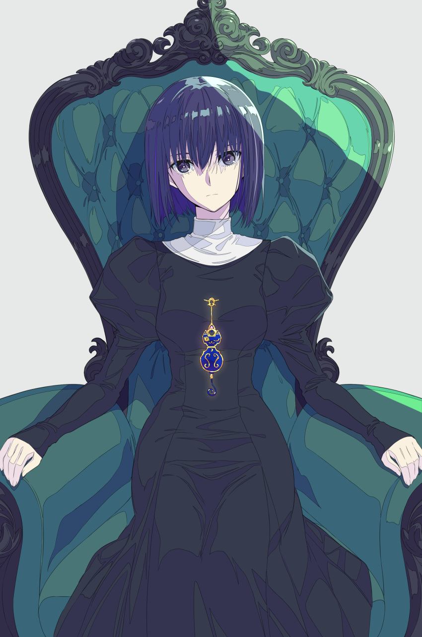 1girl absurdres armchair bangs black_dress blue_eyes blue_hair chair closed_mouth dress expressionless eyebrows_behind_hair feet_out_of_frame grey_background hair_over_eyes head_tilt highres juliet_sleeves kuonji_alice long_dress long_sleeves looking_at_viewer mahou_tsukai_no_yoru on_chair puffy_sleeves shadow short_hair simple_background sitting sleeves_past_wrists solo tsurime xtango