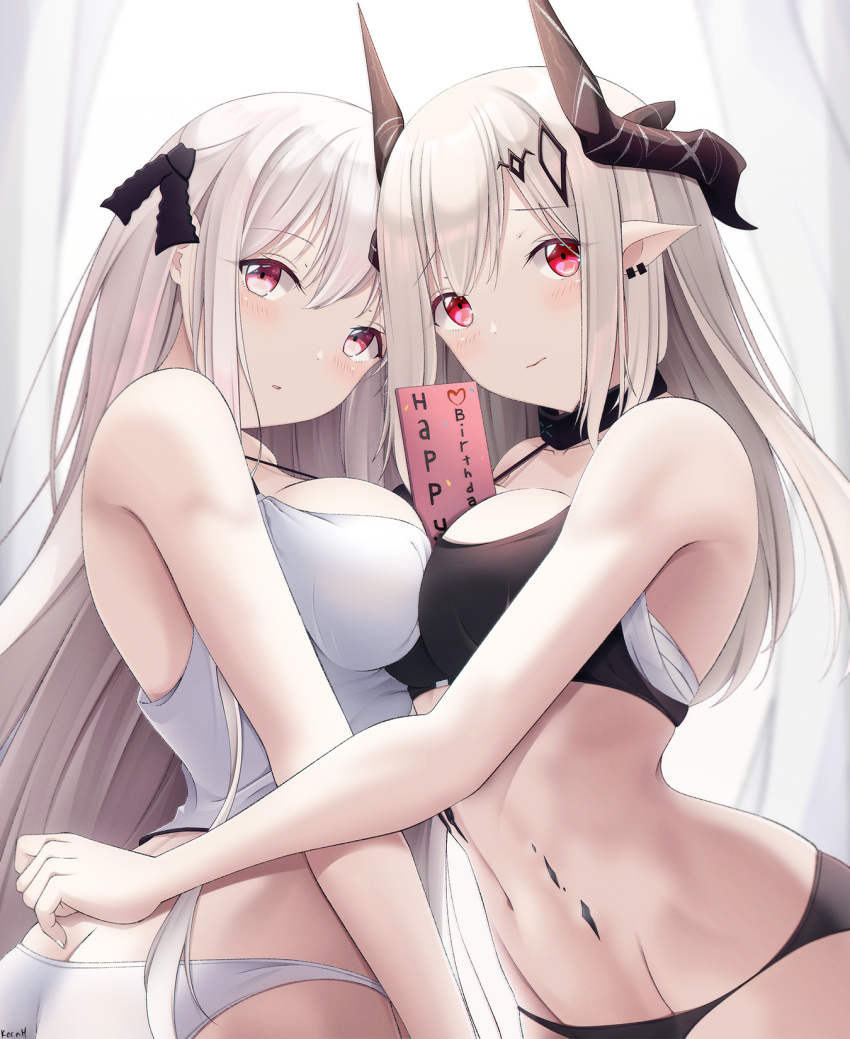 2girls arknights ass bare_arms bare_shoulders between_breasts black_panties black_shirt bra breast_press breasts camisole commission cowboy_shot crop_top crossover girls_frontline groin hair_ribbon happy_birthday highres horns kar98k_(girls_frontline) keenh large_breasts long_hair looking_at_viewer midriff mudrock_(arknights) multiple_girls navel no_pants oripathy_lesion_(arknights) panties pointy_ears red_eyes ribbon shirt sidelocks sleeveless sleeveless_shirt standing stomach strap_gap string_panties symmetrical_docking underwear white_bra white_hair white_panties white_shirt