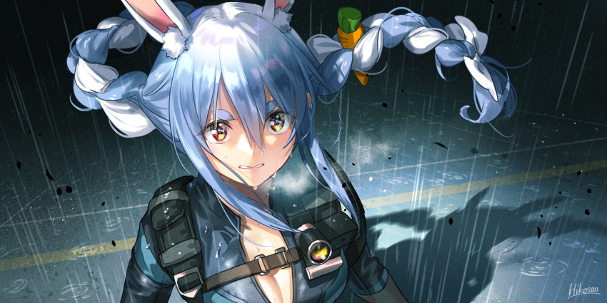 1girl animal_ear_fluff animal_ears artist_name bangs black_jacket blue_hair braid breasts bunny_ears carrot_hair_ornament cleavage commentary_request food_themed_hair_ornament hair_between_eyes hair_ornament highres hikosan hololive jacket long_hair looking_at_viewer medium_breasts multicolored_hair orange_eyes rain short_eyebrows sidelocks signature solo thick_eyebrows twin_braids twintails two-tone_hair usada_pekora wet white_hair